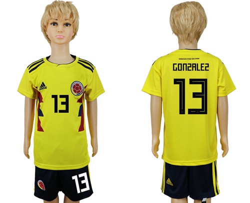 Colombia #13 Gonzalez Home Kid Soccer Country Jersey - Click Image to Close